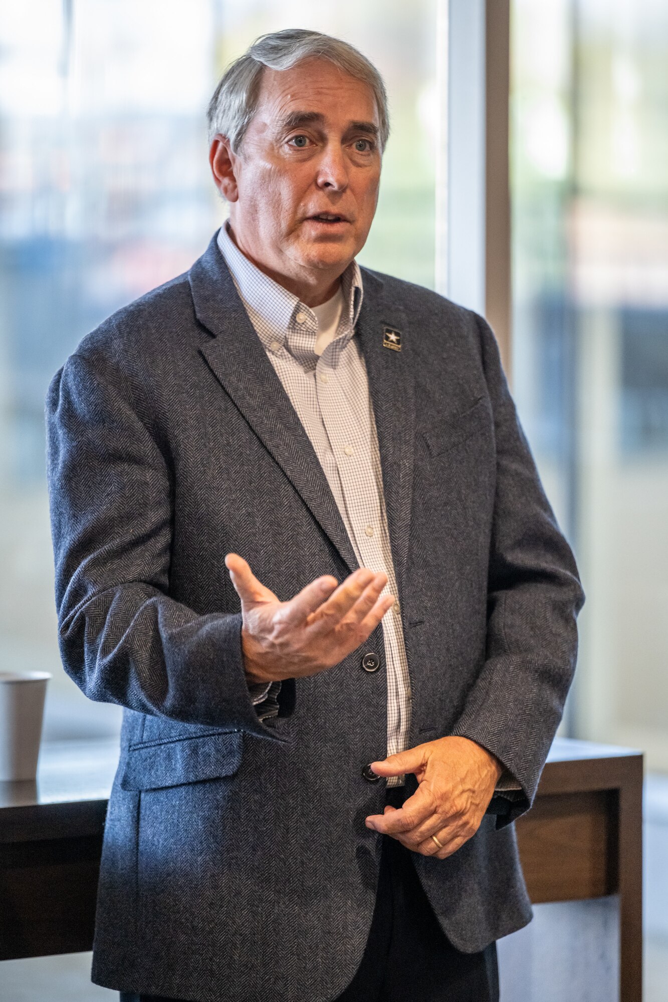 Mark Patterson, vice president for human capital at government contractor Strategic Resources Inc., speaks to distinguished visitors at Churchill Downs Racetrack in Louisville, Ky., Nov. 5, 2023, as part of Survivor’s Day at the Races, an annual day of activities held to honor family members who have lost loved ones in military service to the United States. The event, which drew more than 700 family members from 18 states, was held with assistance from the Kentucky National Guard. (U.S. Air National Guard photo by Dale Greer)