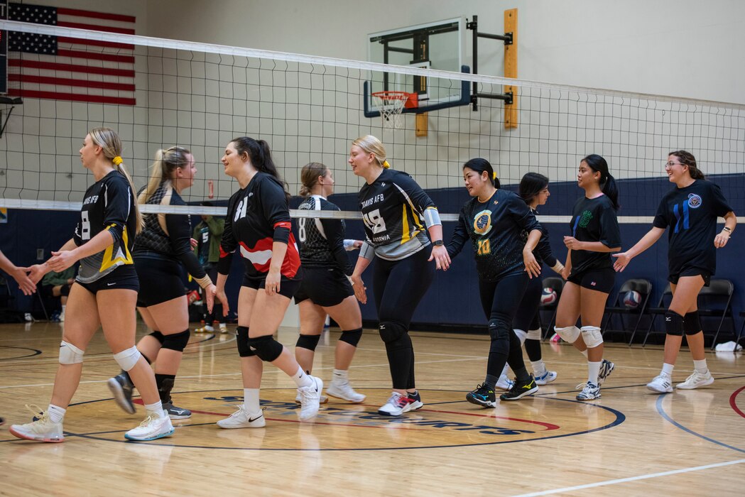Volleyball players shake hands before the start of a game.