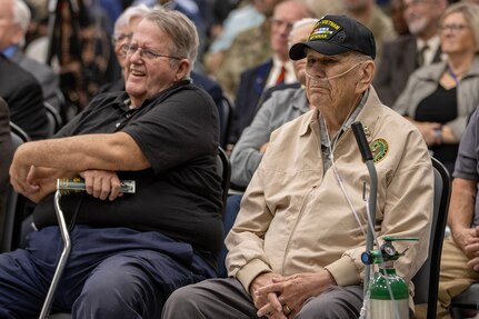 Retired U.S. Army Sgt. Maj. Bruce Fonda, right, and retired U.S. Army Sgt. 1st Class John Fruin observe the reactivation of their old unit, the 45th Finance Center, during a ceremony at the Maj. Gen. Emmett J. Bean Federal Center in Indianapolis Nov. 6, 2023. Fonda, a Korean War and Vietnam War veteran, served from 1950-1976 and served in the 45th Finance Section in Pirmasens, Germany, from 1965-1967; and Fruin, a Vietnam War veteran, served from 1967-1989 and served in the 45th from 1971-1974. (U.S. Army photo by Mark R. W. Orders-Woempner)