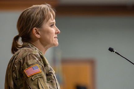 Brig. Gen. Paige M. Jennings, U.S. Army Financial Management Command commanding general, makes remarks during a ceremony reactivating the 45th Finance Center at the Maj. Gen. Emmett J. Bean Federal Center in Indianapolis Nov. 6, 2023. The 45th FC draws its legacy back to World War II when the unit was first activated as the 45th Finance Disbursing Section on Fort Benjamin Harrison in Indianapolis in 1943 – nearly in the exact location where it was reactivated 80 years later. (U.S. Army photo by Mark R. W. Orders-Woempner)