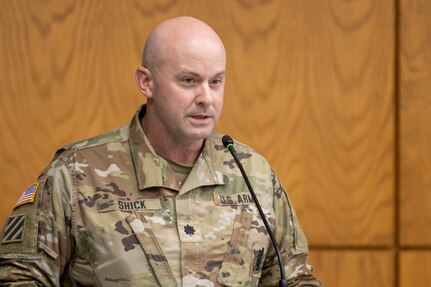 Lt. Col. Jason Shick, 45th Finance Center acting director, makes remarks during a ceremony reactivating the 45th FC at the Maj. Gen. Emmett J. Bean Federal Center in Indianapolis Nov. 6, 2023. As the U.S. Army Financial Management Command’s operational arm and early deployer, the 45th FC is required to be ready to deploy at a moment’s notice to conduct theater preparation operations; provide timely procurement and theater disbursing support through the establishment of central funding operations; and enable joint, interagency, intergovernmental and multinational operations. (U.S. Army photo by Mark R. W. Orders-Woempner)