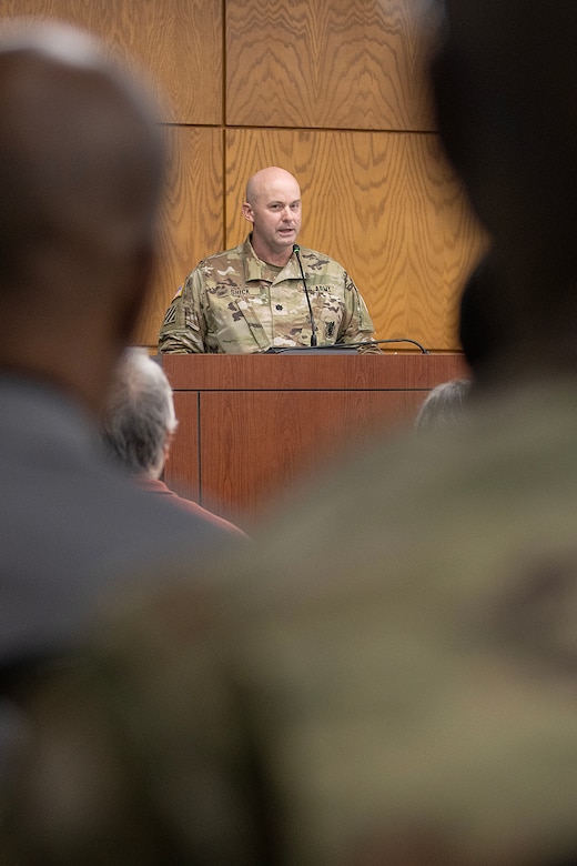 Lt. Col. Jason Shick, 45th Finance Center acting director, makes remarks during a ceremony reactivating the 45th FC at the Maj. Gen. Emmett J. Bean Federal Center in Indianapolis Nov. 6, 2023. As the U.S. Army Financial Management Command’s operational arm and early deployer, the 45th FC is required to be ready to deploy at a moment’s notice to conduct theater preparation operations; provide timely procurement and theater disbursing support through the establishment of central funding operations; and enable joint, interagency, intergovernmental and multinational operations. (U.S. Army photo by Mark R. W. Orders-Woempner)