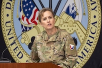 Brig. Gen. Paige M. Jennings, U.S. Army Financial Management Command commanding general, makes remarks during a ceremony reactivating the 45th Finance Center at the Maj. Gen. Emmett J. Bean Federal Center in Indianapolis Nov. 6, 2023. The 45th FC draws its legacy back to World War II when the unit was first activated as the 45th Finance Disbursing Section on Fort Benjamin Harrison in Indianapolis in 1943 – nearly in the exact location where it was reactivated 80 years later. (U.S. Army photo by Staff Sgt. Joshua Syberg)