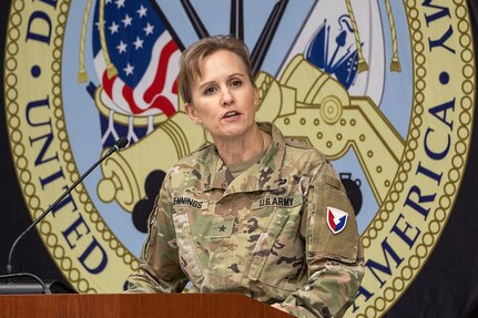 Brig. Gen. Paige M. Jennings, U.S. Army Financial Management Command commanding general, makes remarks during a ceremony reactivating the 45th Finance Center at the Maj. Gen. Emmett J. Bean Federal Center in Indianapolis Nov. 6, 2023. The 45th FC draws its legacy back to World War II when the unit was first activated as the 45th Finance Disbursing Section on Fort Benjamin Harrison in Indianapolis in 1943 – nearly in the exact location where it was reactivated 80 years later. (U.S. Army photo by Staff Sgt. Joshua Syberg)