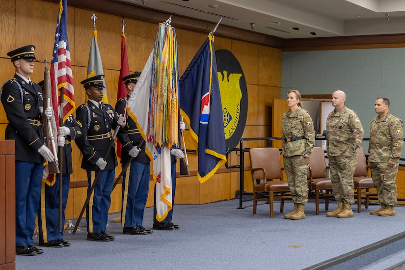 The Military Department of Indiana’s Ceremonial Unit presents the Colors as Brig. Gen. Paige M. Jennings, U.S. Army Financial Management Command commanding general; Lt. Col. Jason Shick, 45th Finance Center acting director; and Master Sgt. Daniel Reyes Baerga, 45th FC acting senior enlisted advisor, watch on during a ceremony reactivating the 45th FC at the Maj. Gen. Emmett J. Bean Federal Center in Indianapolis Nov. 6, 2023. The activation of the 45th FC stems from a series of changes to the Army’s Finance Corps outlined in a Force Design Update Jr. that was signed earlier this year. (U.S. Army photo by Mark R. W. Orders-Woempner)