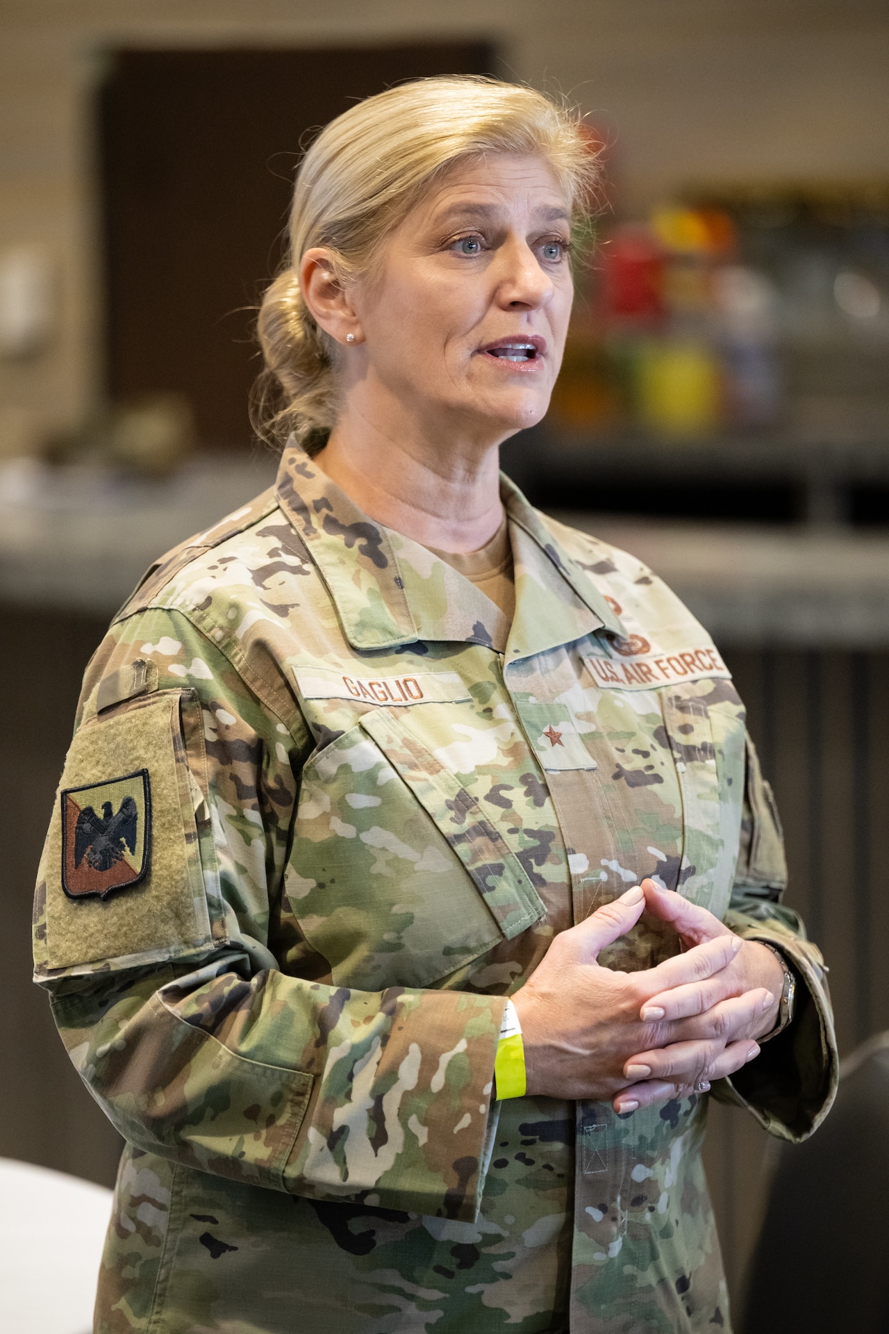 U.S. Air Force Brig. Gen. Virginia Gaglio, vice director of manpower and personnel at the National Guard Bureau, greets distinguished visitors at Churchill Downs Racetrack in Louisville, Ky., Nov. 5, 2023, as part of Survivor’s Day at the Races, an annual event to honor family members who have lost loved ones in military service to the United States. Hosted with assistance from the Kentucky National Guard, the event drew more than 700 family members from 18 states. (U.S. Air National Guard photo bay Dale Greer)