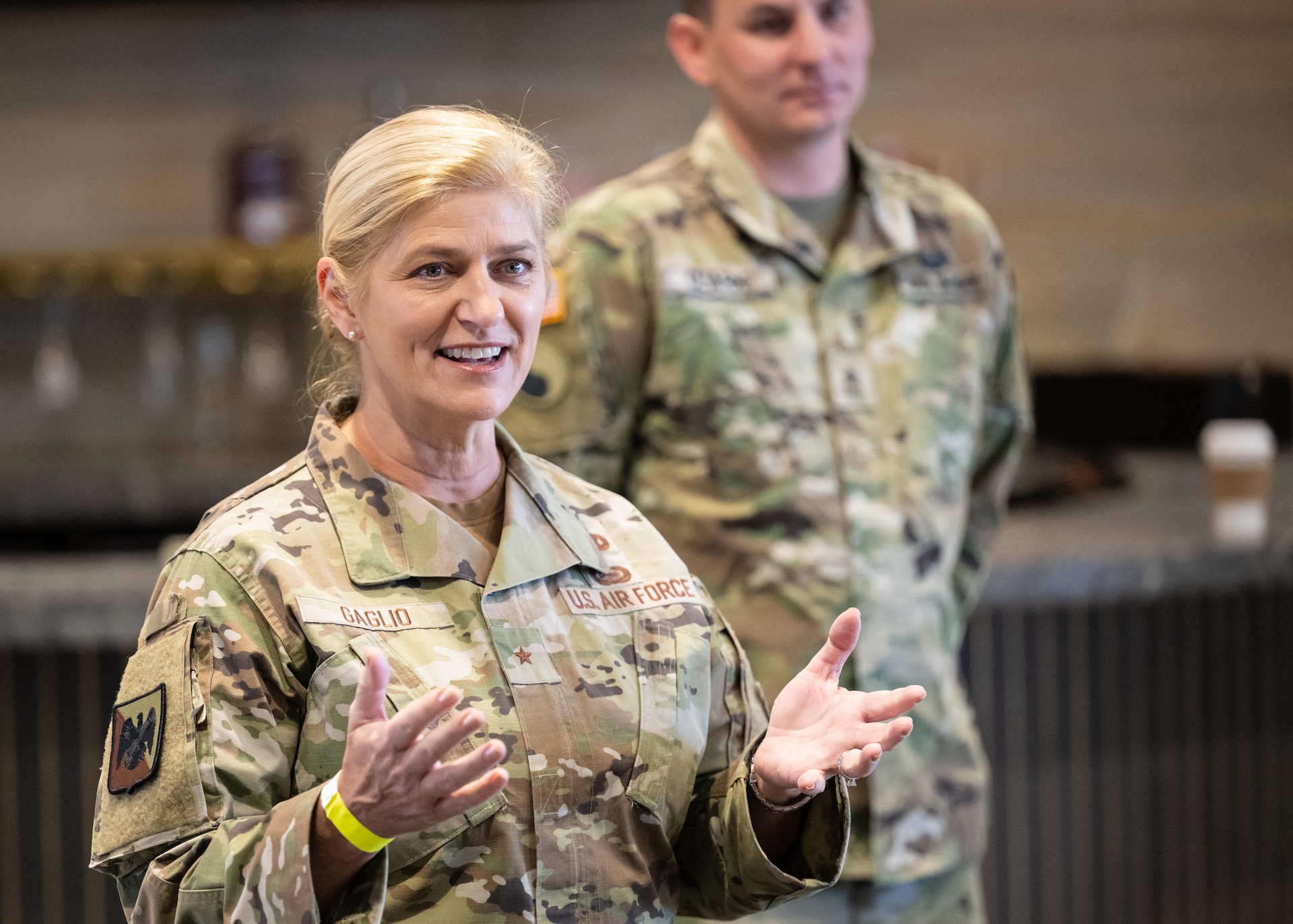 U.S. Air Force Brig. Gen. Virginia Gaglio, vice director of manpower and personnel at the National Guard Bureau, greets distinguished visitors at Churchill Downs Racetrack in Louisville, Ky., Nov. 5, 2023, as part of Survivor’s Day at the Races, an annual event to honor family members who have lost loved ones in military service to the United States. Hosted with assistance from the Kentucky National Guard, the event drew more than 700 family members from 18 states. (U.S. Air National Guard photo bay Dale Greer)