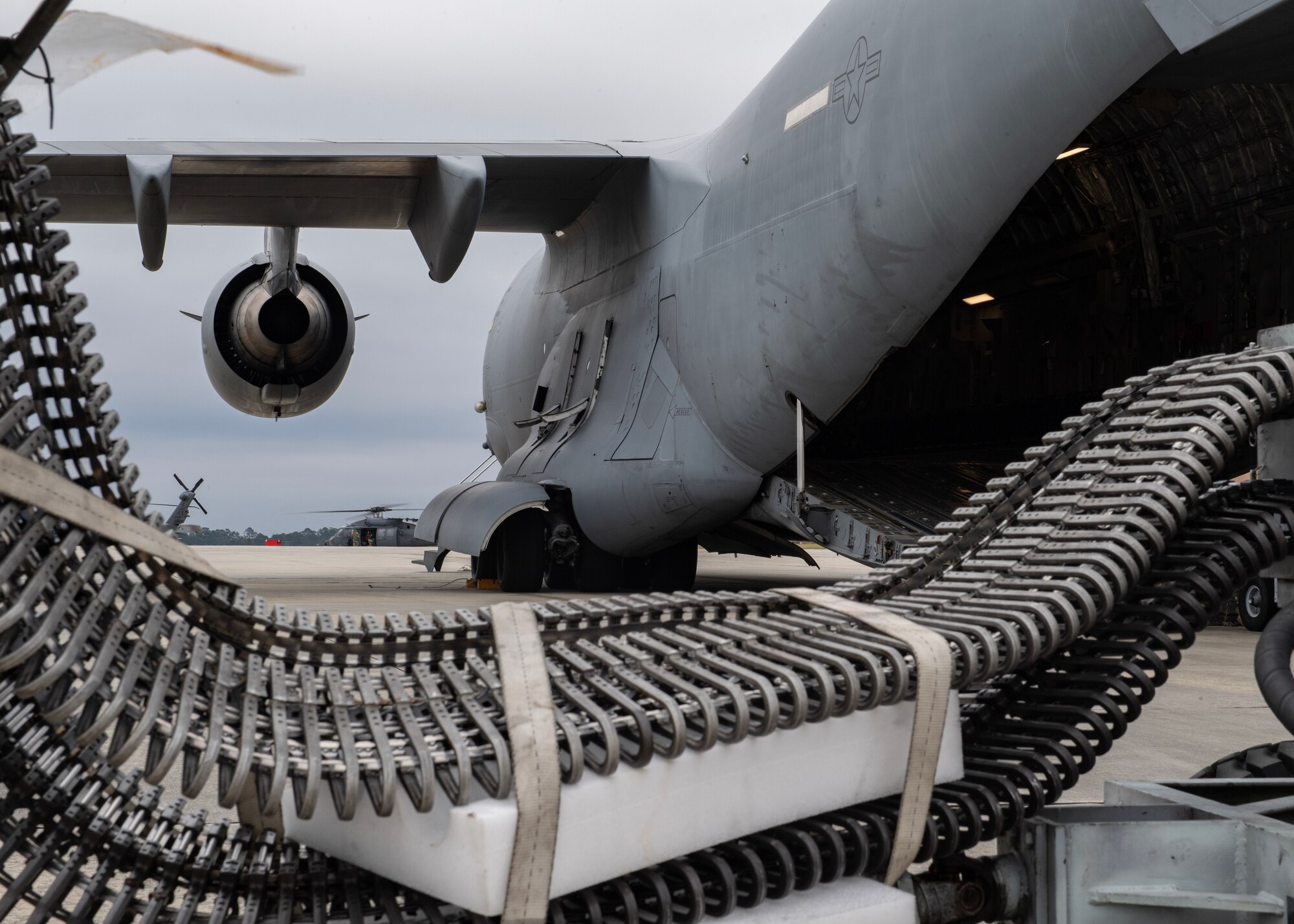 An ammunition loading adapter waits on the flightline at Moody Air Force Base, Georgia, prior to Airmen delivering the equipment to a contingency location at Avon Park Air Force Range, Florida, Nov. 13, 2023, for use during exercise Mosaic Tiger 24-1. The C-17 Globemaster III was assigned to the 437th Airlift Wing, and the cargo and personnel movement represented a partnership between Air Combat Command and Air Mobility Command to support a common goal of increasing Airmen readiness and lethality. (U.S. Air Force photo by Master Sgt. Daryl Knee)