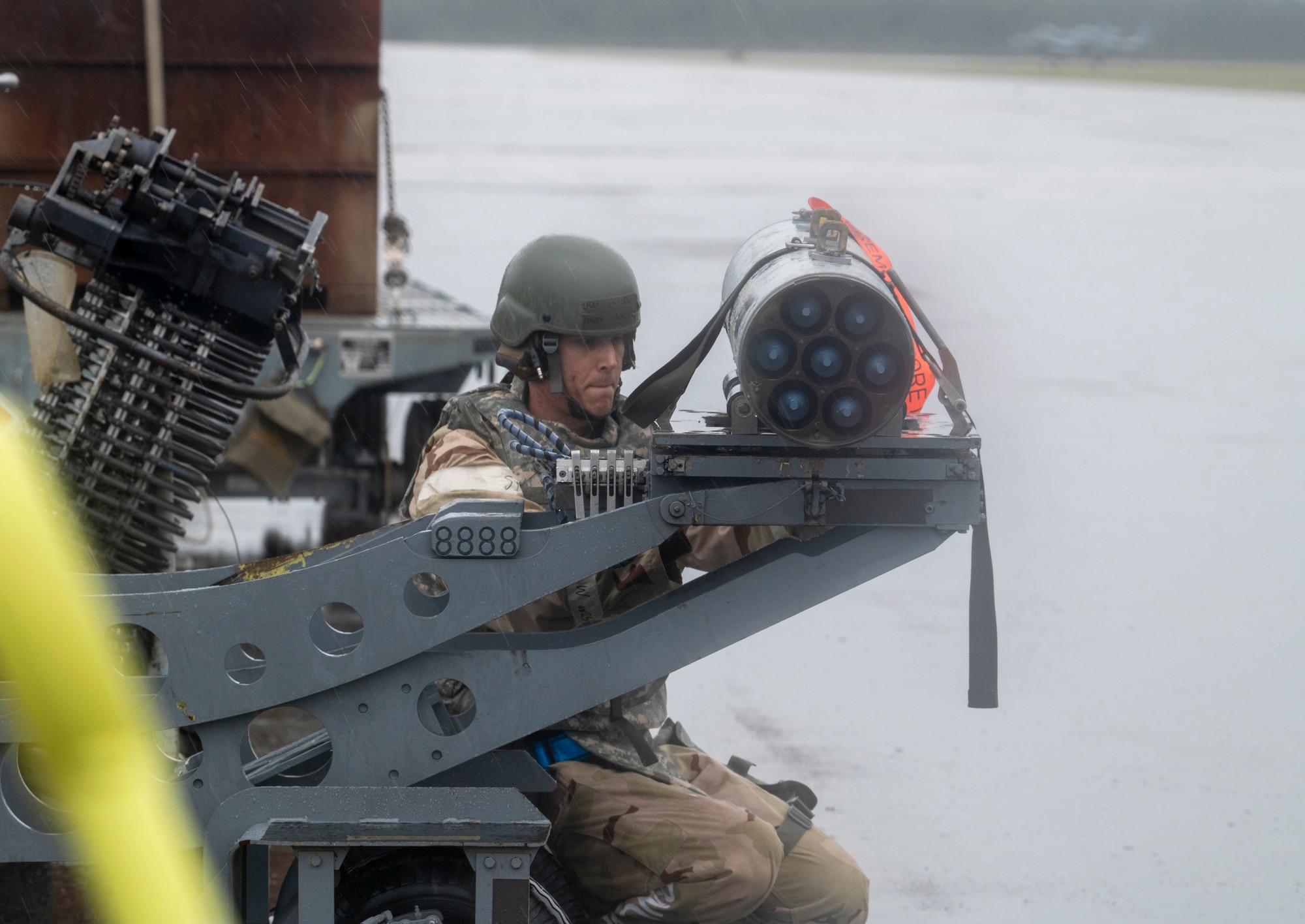 U.S. Air Force Staff Sgt. David Walker, 74th Fighter Generation Squadron weapon load team chief, checks a rocket pod at Avon Park Air Force Range, Florida, Nov. 15, 2023. A team of maintenance, weapons and fuels Airmen work together to perform an integrated combat turn to refuel and reload munitions quickly and safely before relaunching the aircraft. (U.S. Air Force photo by Airman 1st Class Leonid Soubbotine)