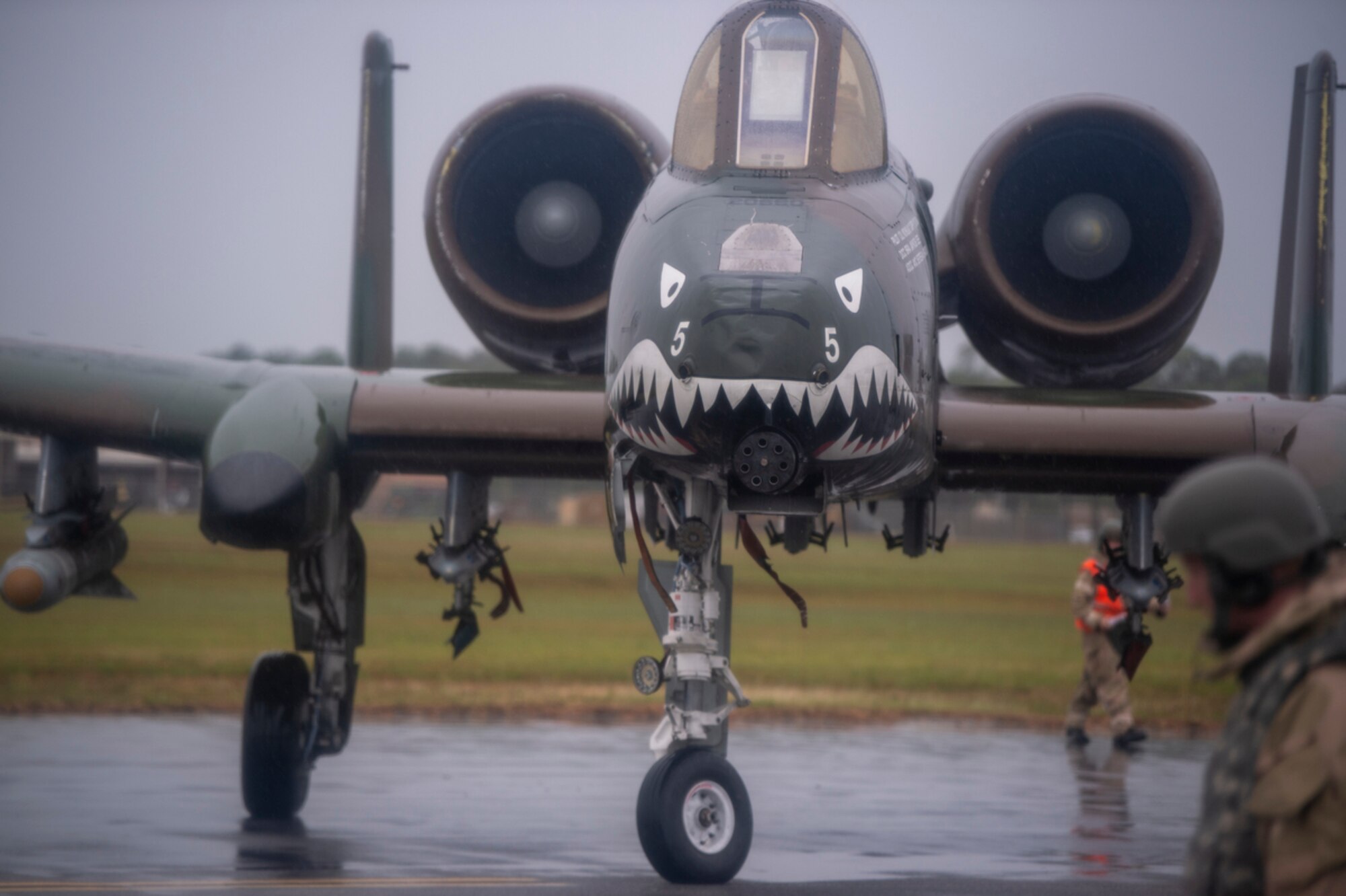 A-10C Thunderbolt II with heritage paint job taxies in during an integrated combat turn at Avon Park Air Force Range, Florida, Nov. 15, 2023. Although capable of being equipped with a variety of weapons, the A-10’s primary weapon is the 30 mm GAU-8/A Avenger Gatling gun. (U.S. Air Force photo by Airman 1st Class Leonid Soubbotine)
