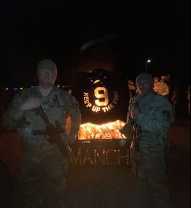U.S. Space Force Sgt. Stephen Lemmons (left) poses with U.S. Army Sgt. Jacob Gonzalez (right) ahead of the Manchu Mile ruck march on Fort Carson Oct. 25, 2023. Comprised of a 25-mile ruck march, the Manchu Mile paid homage to the 4th Battalion, 9th Infantry Regiment’s 87-mile forced march during the Chinese “Boxer Rebellion” in the early 1900s. (Courtesy photo by U.S. Space Force Stephen Lemmons)
