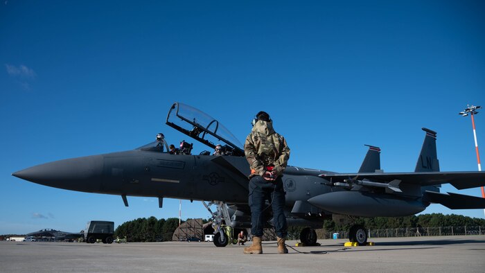 U.S. Air Force Senior Airman Adam Arisis-Basas, 494th Fighter Generation Squadron weapons technician, performs preflight checks at RAF Lakenheath