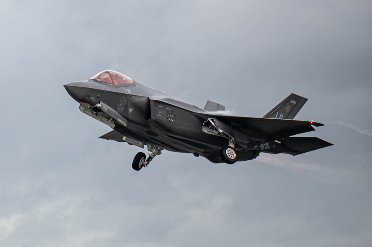 A U.S. Air Force F-35A Lighting II assigned to the 493rd Fighter Squadron takes off to participate in Atlantic Trident 2023 at RAF Lakenheath