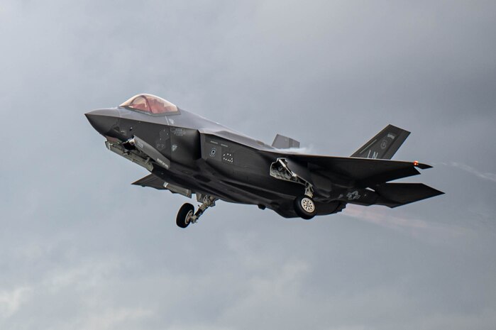 A U.S. Air Force F-35A Lighting II assigned to the 493rd Fighter Squadron takes off to participate in Atlantic Trident 2023 at RAF Lakenheath