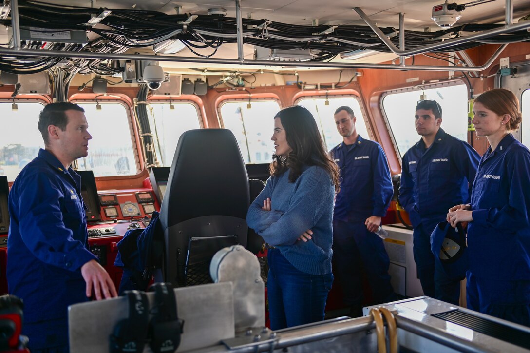 The daughter of an overdue mariner tours the Coast Guard Cutter Lawrence Lawson (WPC 1120) after the ship and crew safely returned her father to shore Nov. 16, 2023, in Cape May, New Jersey. The search effort included multiple assets coordinated by U.S. Coast Guard Atlantic Area.