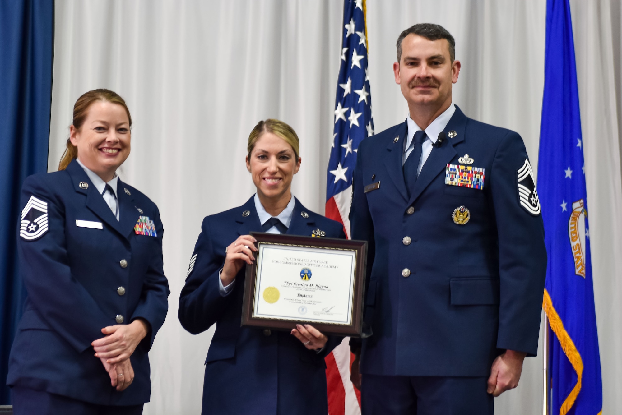 U.S. Air Force Technical Sgt. Kristina Riggan is recognized as a distinguished graduate during Non-Commissioned Officer Academy class 24-1 graduation, November 15, 2023, at the Training and Education Center (TEC), McGhee Tyson Air National Guard Base, Tenn. The Lankford Enlisted Professional Military Education Center is one of three divisions of the TEC that accommodates 2,000 service members annually from the Total Force, Coast Guard, and partner nations. (Photo by Master Sgt. Regina Young)