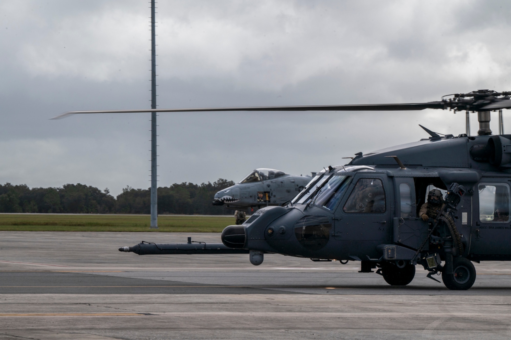 An HH-60W Jolly Green II piloted by U.S. Air Force Col. Paul Sheets, 23rd Wing commander taxies during Mosaic Tiger 24-1 at Avon Park Air Force Range, Florida, Nov. 16, 2023. Avon Park AFR was used as a simulated contingency location during the weeklong exercise. (U.S. Air Force photo by Airman 1st Class Leonid Soubbotine)