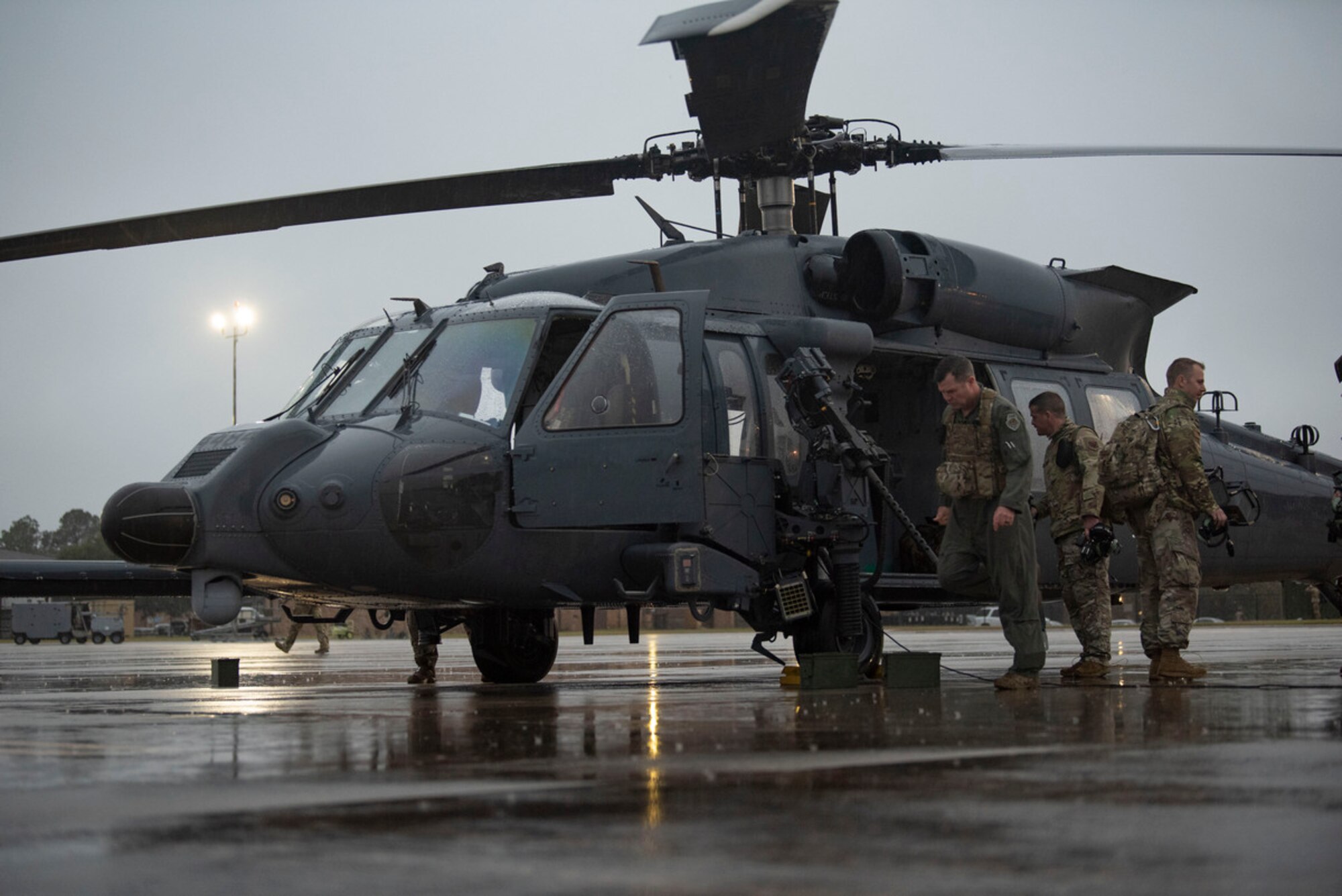 An HH-60W Jolly Green II piloted by U.S. Air Force Col. Paul Sheets, 23rd Wing commander taxies during Mosaic Tiger 24-1 at Avon Park Air Force Range, Florida, Nov. 16, 2023. Avon Park AFR was used as a simulated contingency location during the weeklong exercise. (U.S. Air Force photo by Airman 1st Class Leonid Soubbotine)