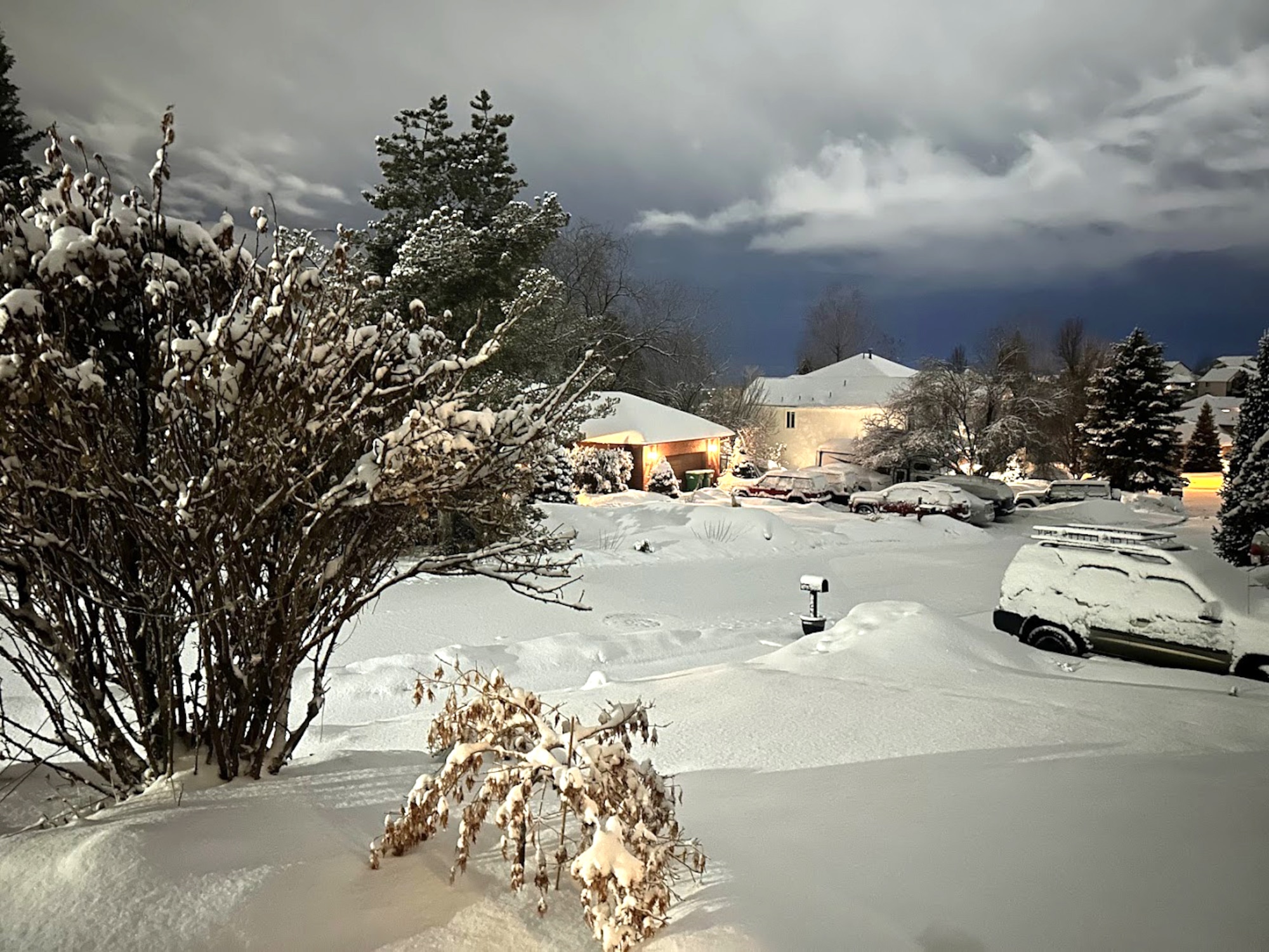 A suburban neighborhood blanketed in snow