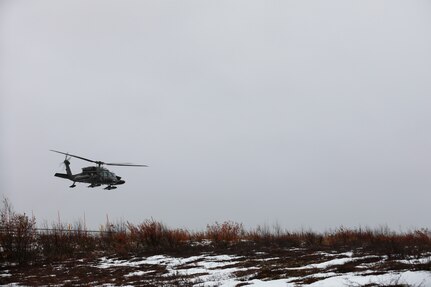 An Alaska Army National Guard UH-60L Black Hawk helicopter equipped with two LifeMed flight paramedics and essential medical equipment departs the Army Aviation Operating Facility in Bethel en route to Napaskiak during a medevac mission Nov. 15, 2023.