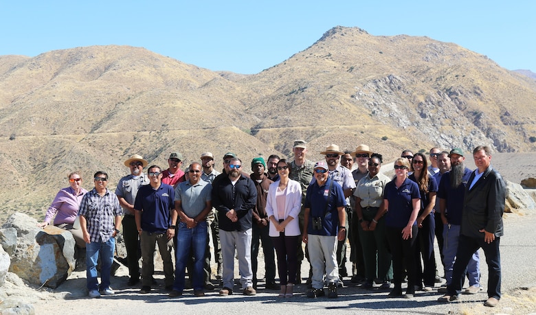 Representatives with the Corps' LA District, U.S. Representative Jay Obernolte’s office; San Bernardino National Forest; U.S. Bureau of Land Management; San Bernardino County Sheriff’s Department; Urban Conservation Corps of the Inland Empire, under the umbrella of the Southern California Mountains Foundation; and Hesperia Recreation and Park District pose for a picture during an Oct. 17 tour of the Mojave River Dam in Hesperia, California.