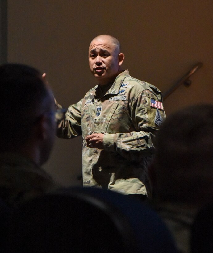 U.S. Space Force Chief Master Sgt. James Seballes, Space Training and Readiness Command senior enlisted leader, addresses U.S. Space Force Guardians, at Goodfellow Air Force Base, Texas, Nov. 14, 2023. Seballes informed Guardians of different programs they can take part in after they graduate that help amplify the Guardian Spirit when they enter the workforce. (U.S. Air Force photo by Staff Sgt. Nathan Call)