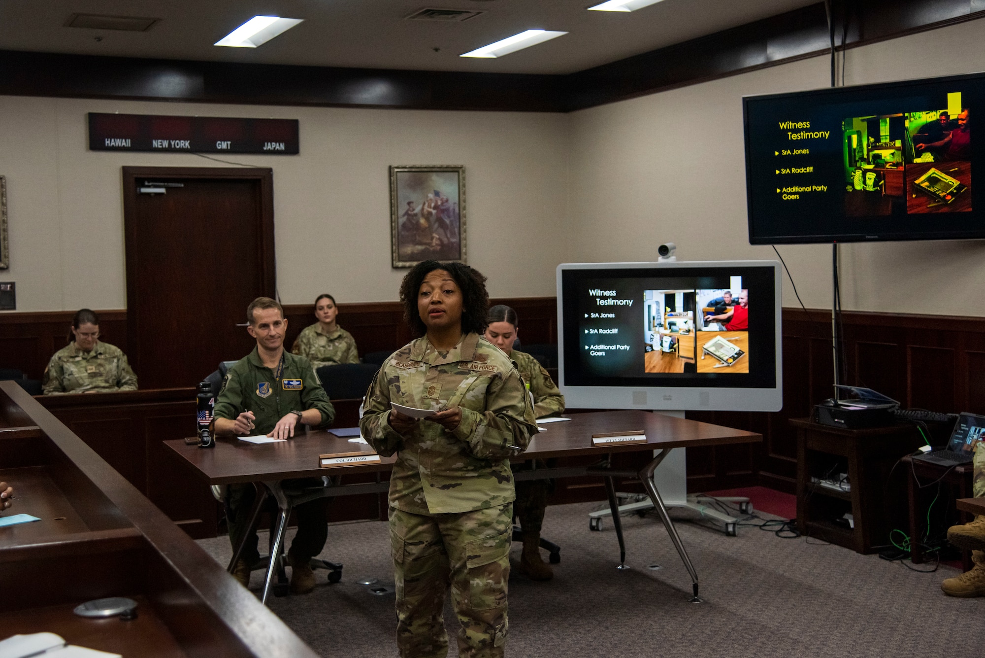 U.S. Air Force Command Chief Master Sgt. Cheronica Blandburg, 35th Fighter Wing command chief, plays the role of a defense attorney and argues the legitimacy of the simulated defendant during a Wild Weasel Walk-through at Misawa Air Base, Japan, Nov. 2, 2023.