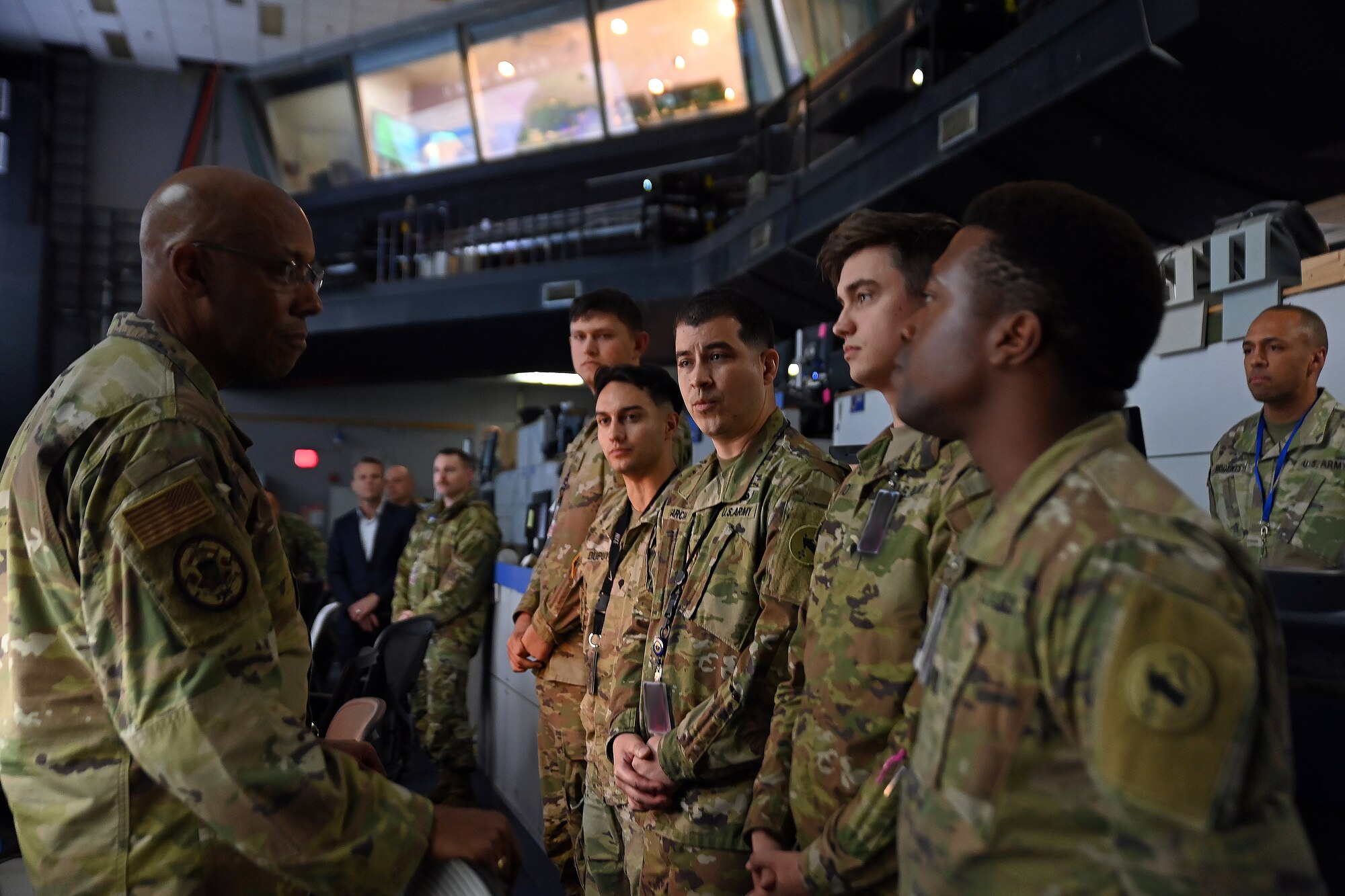 Chairman of the Joint Chiefs of Staff Gen. CQ Brown, Jr. talks with U.S. Army Soldiers during a visit to Osan Air Base, Republic of Korea, Nov. 11, 2023.