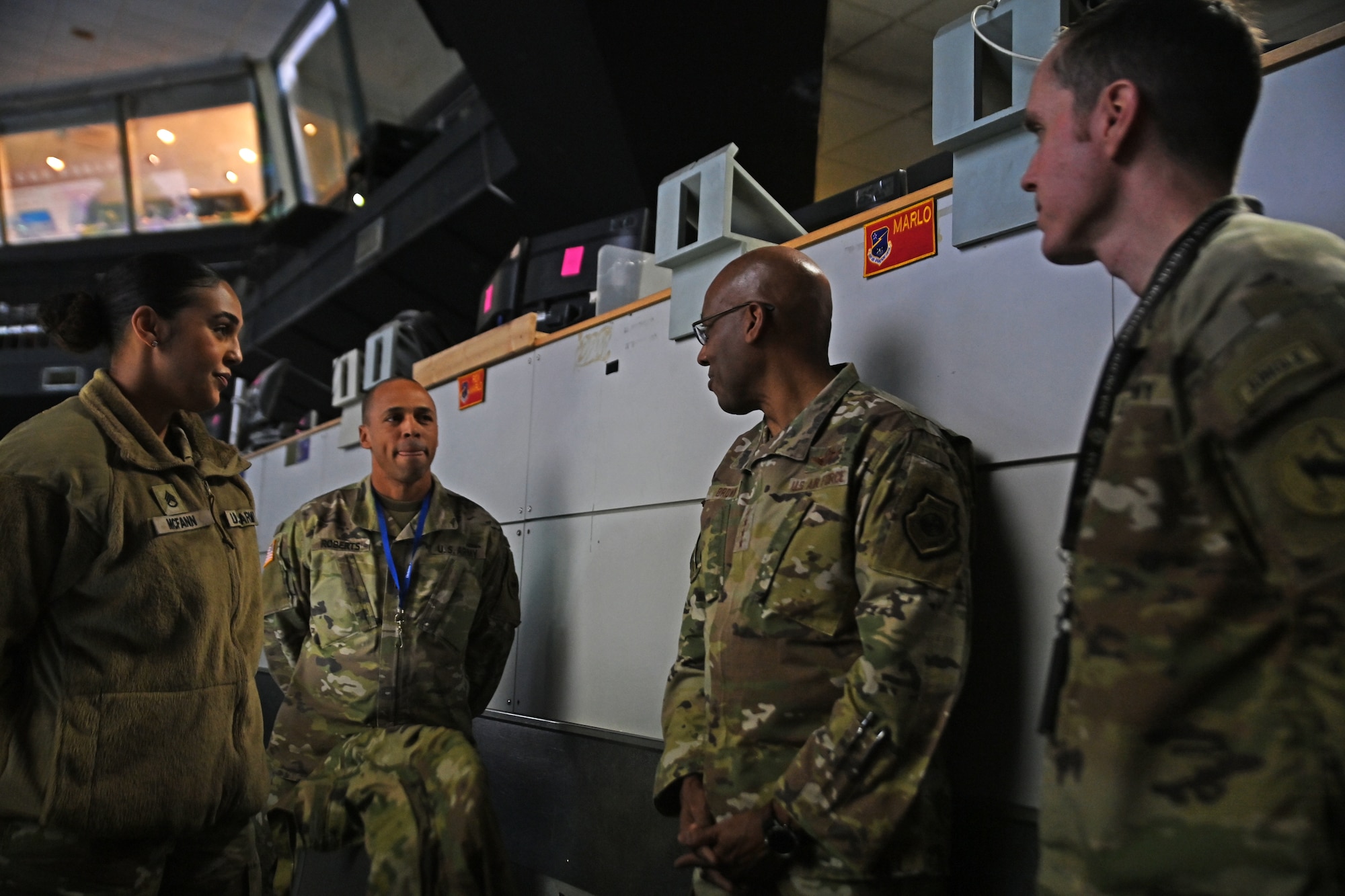 Chairman of the Joint Chiefs of Staff Gen. CQ Brown, Jr. talks with U.S. Army Soldiers during a visit to Osan Air Base, Republic of Korea, Nov. 11, 2023.