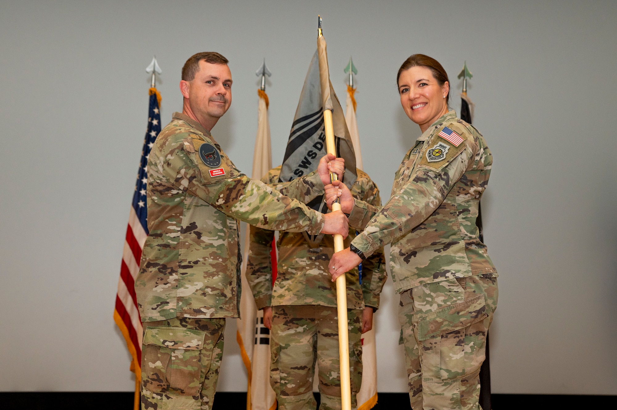 U.S. Space Force Lt. Col. Micheal Provencher, 5th Space Warning Squadron commander, appoints Capt. April Dybal as commander of the newly activated 5th SWS Detachment 3 at Osan Air Base, Republic of Korea, Oct. 27, 2023.