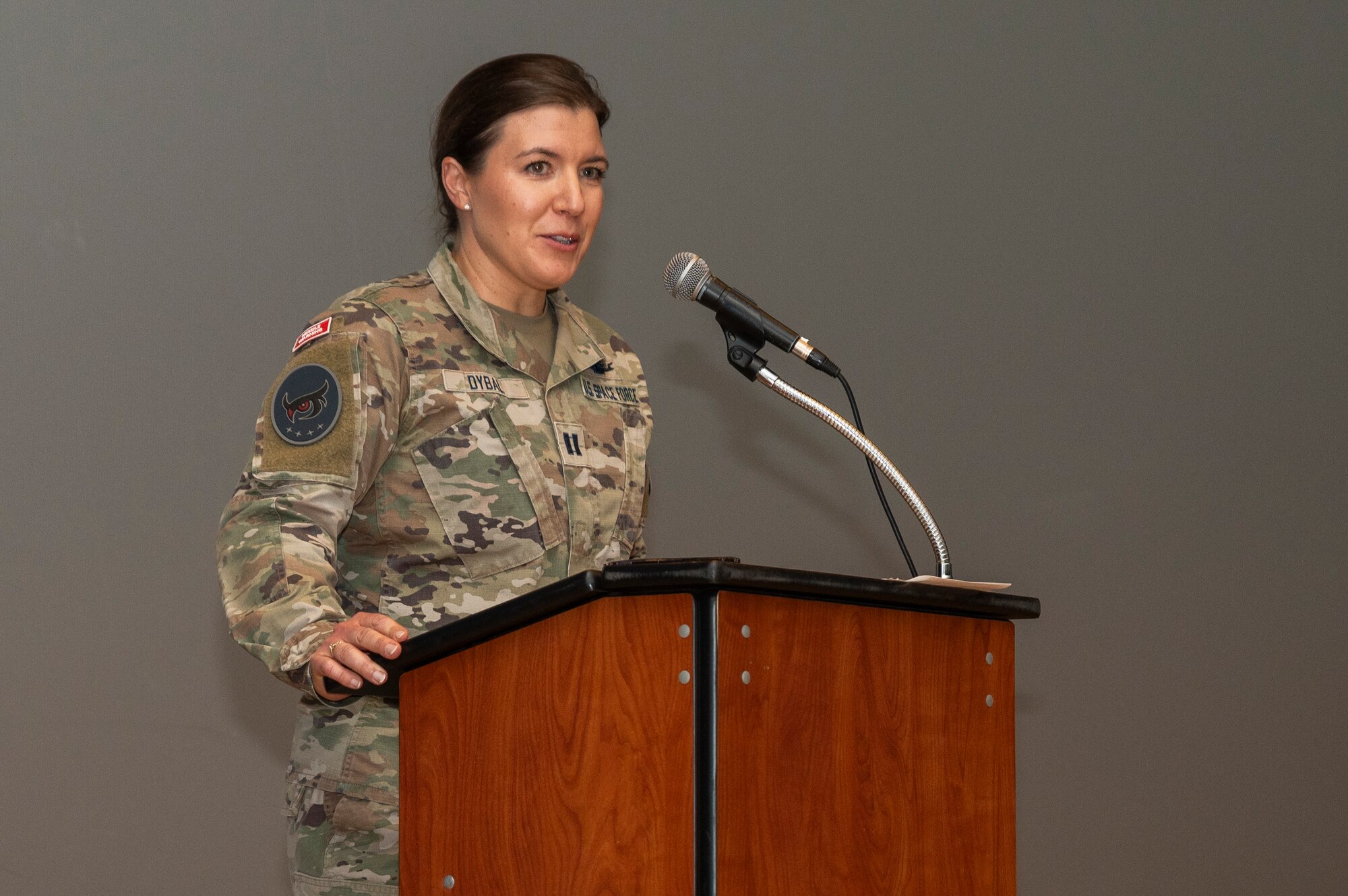 U.S. Space Force Capt. April Dybal, 5th Space Warning Squadron Detachment 3 commander, speaks during the Detachment 3 activation ceremony at Osan Air Base, Republic of Korea, Oct. 27, 2023.