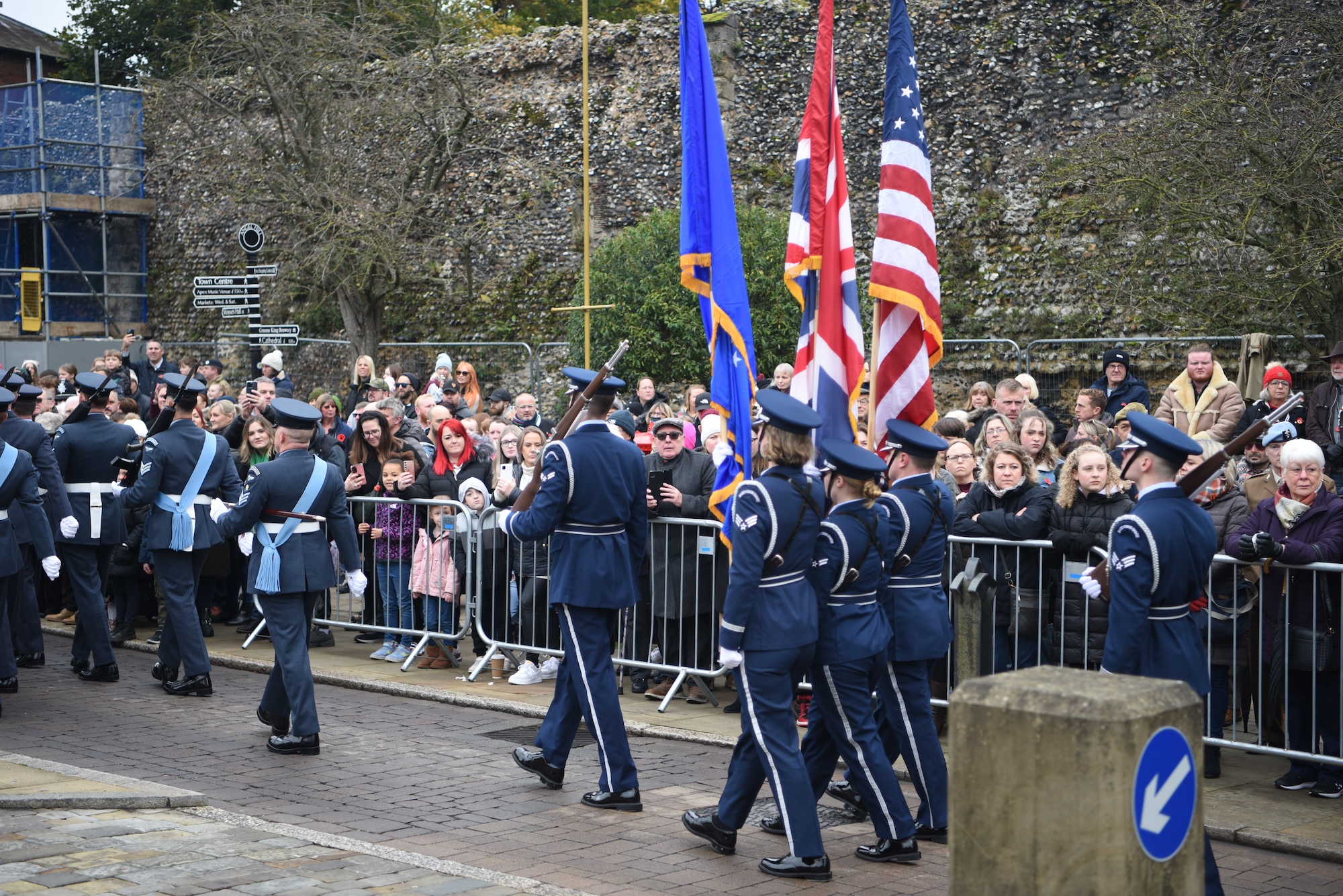 The U.S. Air Force Honor Guard marched in formation during a remembrance ceremony parade at Bury St. Edmunds, England, November 12, 2023.