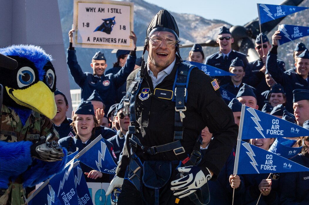 Rob Gronkowski, former NFL player, celebrates with U.S. Air Force Academy cadets