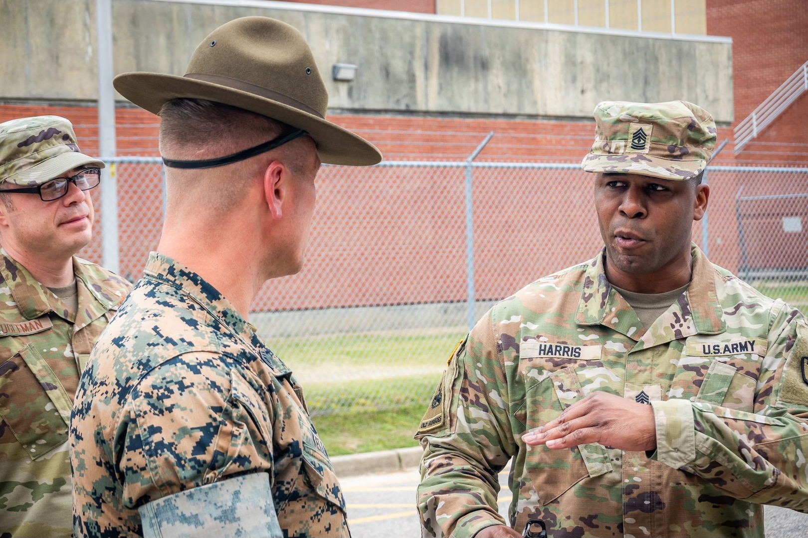 Army 1st Sgt. Jamar Harris, USMEPCOM 2nd BN senior enlisted advisor, discusses trends with a drill sergeant at a Leaders Professional Development Event. The Leaders Professional Development event was held 10 - 13 Oct. at Marine Corps Recruit Depot, Parris Island, South Carolina.