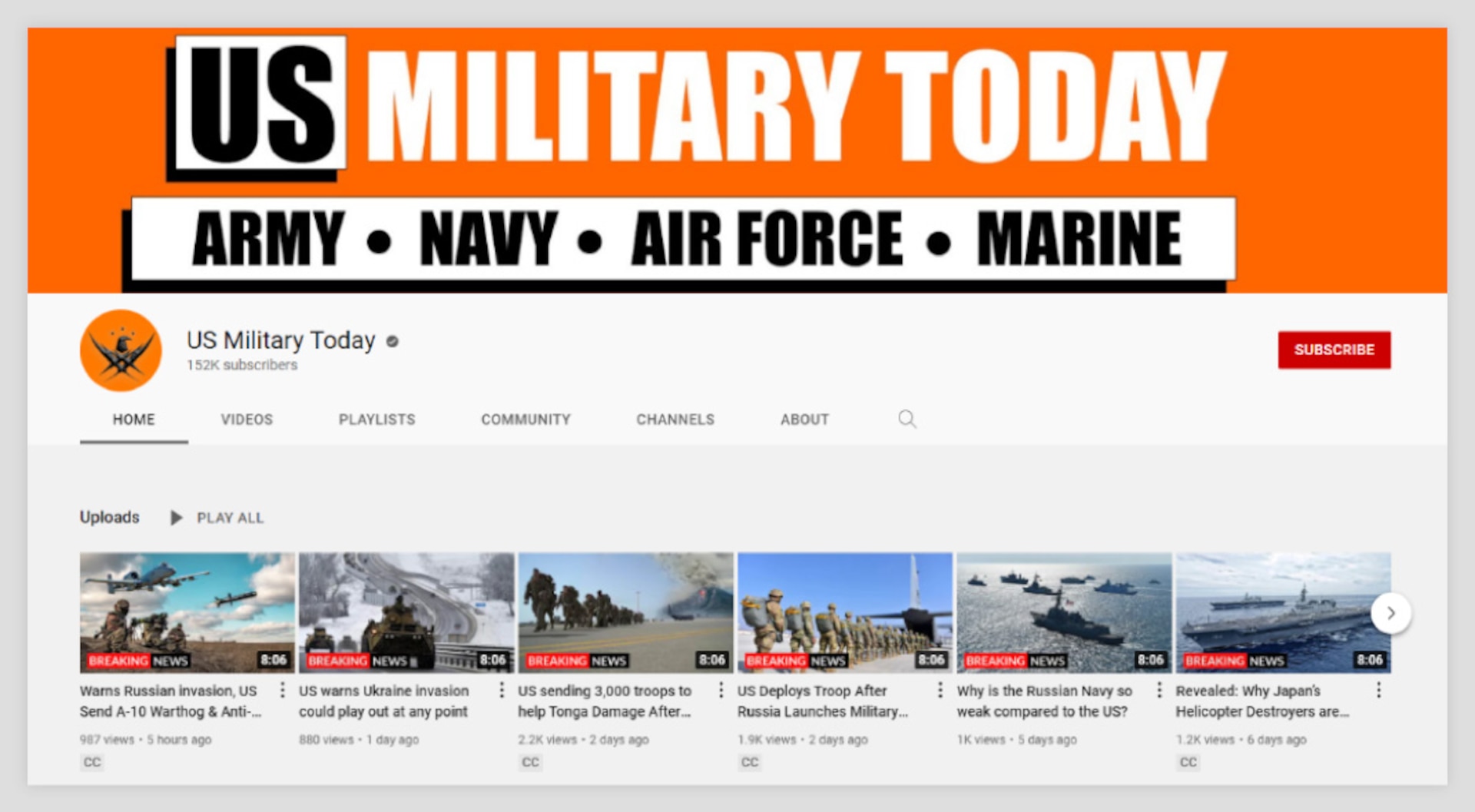 Screenshot of a YouTube channel titled "US Military Today" with a subheading that reads, " Army, Navy, Air Force, Marine." The channel contains several uploaded videos and shorts.