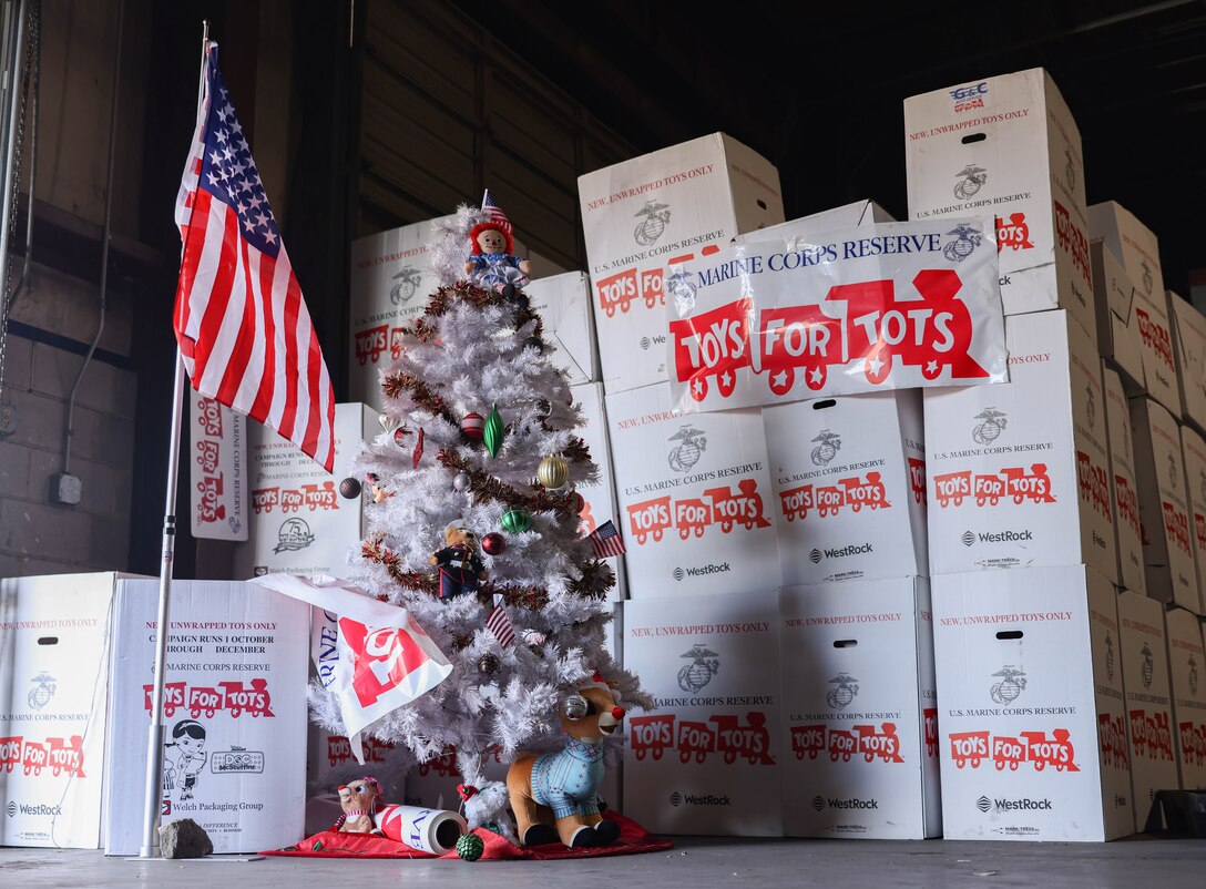 A decorated Christmas tree stands next to stacks of donation bins during a volunteer event for the Marine Corps Reserve Toys for Tots foundation in Fredericksburg, Virginia, Nov. 7, 2023. The basic mission of the Marine Toys for Tots Program is to collect new unwrapped toys and distribute those toys to less fortunate children during the holidays. (U.S. Marine Corps photo by Lance Cpl. David Brandes)