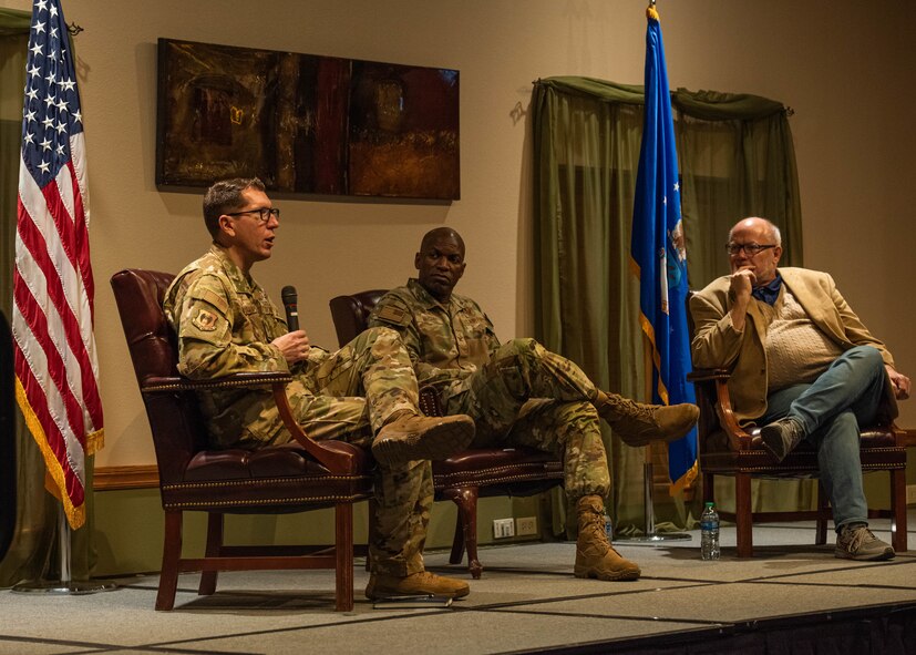 U.S. Air Force Col. Daniel Hoadley, 5th Bomb Wing commander (left), addresses members of the local community during a town hall meeting at Minot Air Force Base, North Dakota, Nov. 15, 2023. Hoadley answered questions about Minot AFB from members of the local community during the event. (U.S. Air Force photo by Airman 1st Class Kyle Wilson)