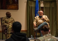 Tom Ross, city of Minot mayor, speaks to members of the local community during a town hall meeting at Minot Air Force Base, North Dakota, Nov. 15, 2023. Ross spoke about the partnership and bond between Minot AFB and the city of Minot. (U.S. Air Force photo by Airman 1st Class Kyle Wilson)