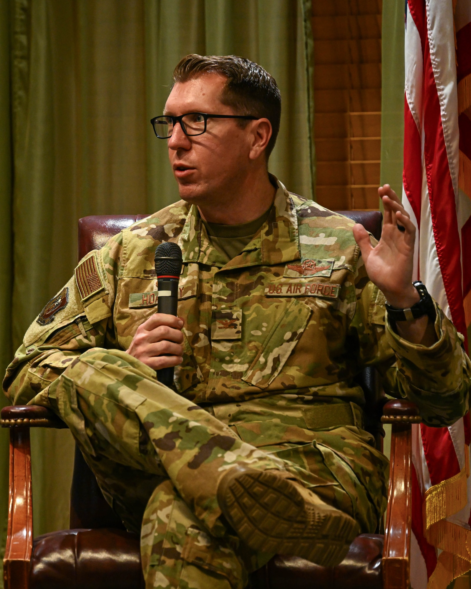 U.S. Air Force Col. Daniel Hoadley, 5th Bomb Wing commander, responds to a question during a town hall meeting at Minot Air Force Base, North Dakota, Nov. 15, 2023. Hoadley engaged with members of the local community during the event and addressed questions they had about Minot AFB. (U.S. Air Force photo by Airman 1st Class Kyle Wilson)