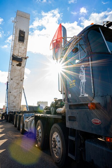 A Transporter Erector is retracted during a training exercise at Minot Air Force Base, North Dakota, Nov. 16, 2023. The Transporter Erector transports, stores, removes and emplaces the Minuteman III Missile. (U.S. Air Force photo by Airman 1st Class Alexander Nottingham)
