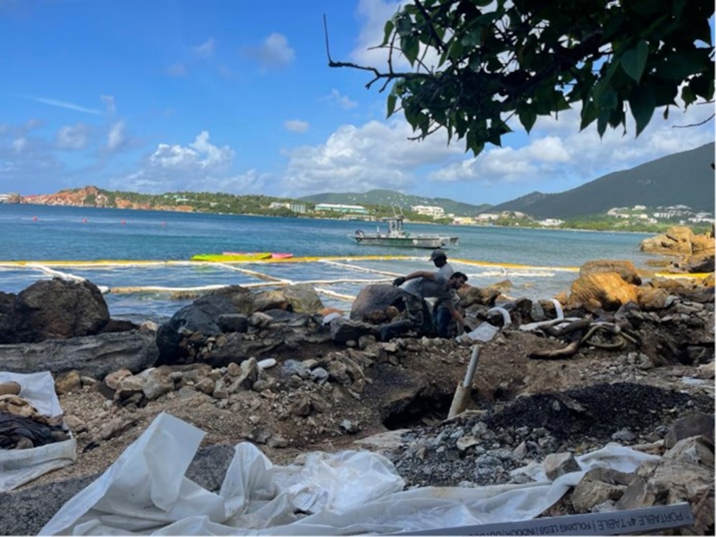 Photo of Lindbergh Bay oil clean-up site in St. Thomas, U.S. Virgin Islands, Nov. 17, 2023.  Coast Guard pollution response personnel continue to oversee clean-up operations being conducted by Virgin Islands Water and Power Authority oil spill removal crews after oil was discovered in the water Nov. 3. 2023, following the tank 11 diesel discharge event that occurred at the WAPA facility, Oct. 25, 2023. (Courtesy photo Playland Marine LLC)