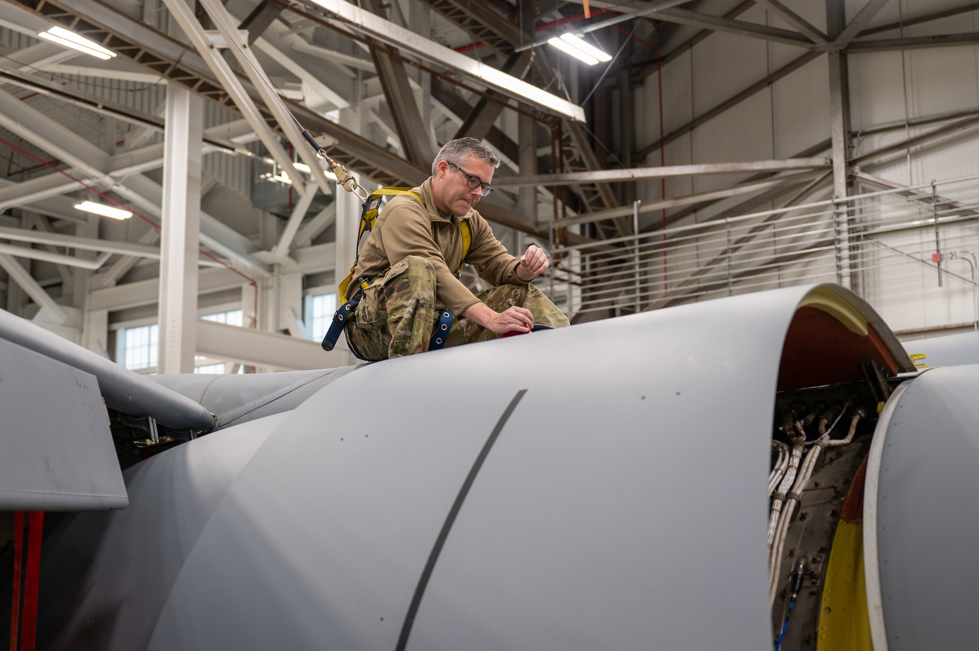 Tech. Sgt. Brian Morris, 434th Maintenance Squadron repair and reclamation technician, conducts a throttle rigging check on one of the engines of a KC-135R Stratotanker as a part of the plane’s periodic inspection at Grissom Air Reserve Base, Ind., Nov. 8, 2023.