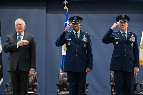Secretary of the Air Force Frank Kendall, Chairman of the Joint Chiefs of Staff Gen. CQ Brown, Jr., and Air Force Chief of Staff Gen. David W. Allvin salute for the national anthem during Allvin’s welcome ceremony at Joint Base Andrews, Md., Nov. 17, 2023. Allvin was officially sworn in as the 23rd Air Force chief of staff Nov. 2, 2023, at the U.S. Air Force Academy in Colorado Springs, Colo. (U.S. Air Force photo by Eric Dietrich)