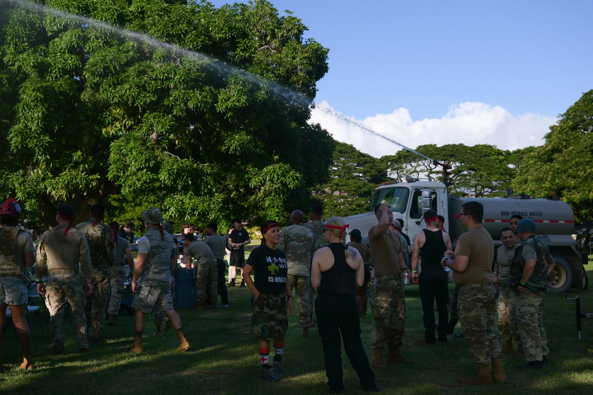 Airmen assigned to Joint Base Pearl Harbor-Hickam attend the 15th Wing dining-out at JBPHH, Hawaii, Nov. 9, 2023. The event was held to build camaraderie and morale among all Airmen who serve on Oahu. (U.S. Air Force photo by Staff Sgt. Alan Ricker)