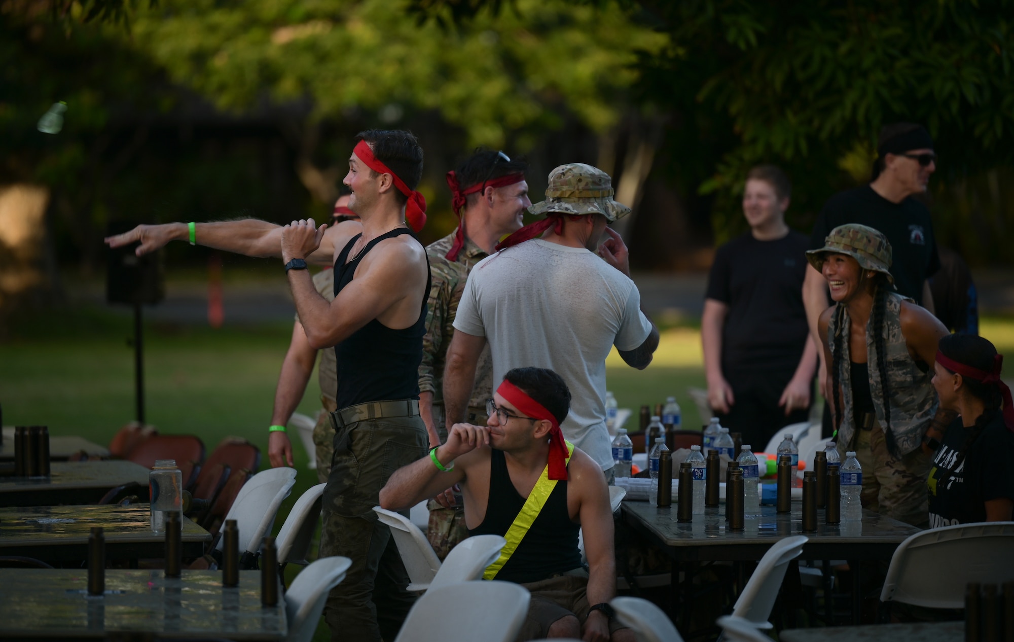 Airmen assigned to Joint Base Pearl Harbor-Hickam attend the 15th Wing dining-out at JBPHH, Hawaii, Nov. 9, 2023. A combat dining-out is a traditional military dinner with informal uniforms, fun gatherings, and quirky rules meant to boost morale within the unit. (U.S. Air Force photo by Staff Sgt. Alan Ricker)