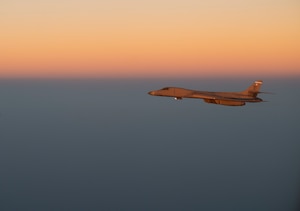 A U.S. Air Force B-1 Lancer flies over an undisclosed location