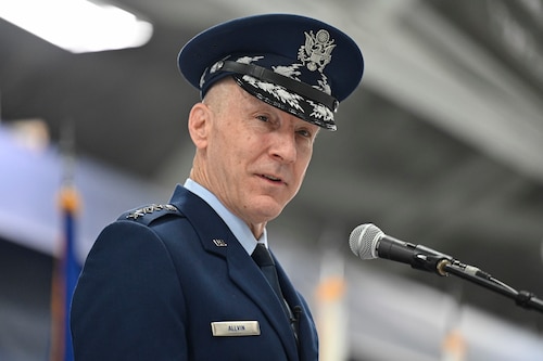 Air Force Chief of Staff Gen. David W. Allvin speaks during his welcome ceremony at Joint Base Andrews, Md., Nov. 17, 2023. Allvin was officially sworn in as the 23rd Air Force chief of staff on Nov. 2, 2023, at the U.S. Air Force Academy in Colorado Springs, Colo. (U.S. Air Force photo by Eric Dietrich)