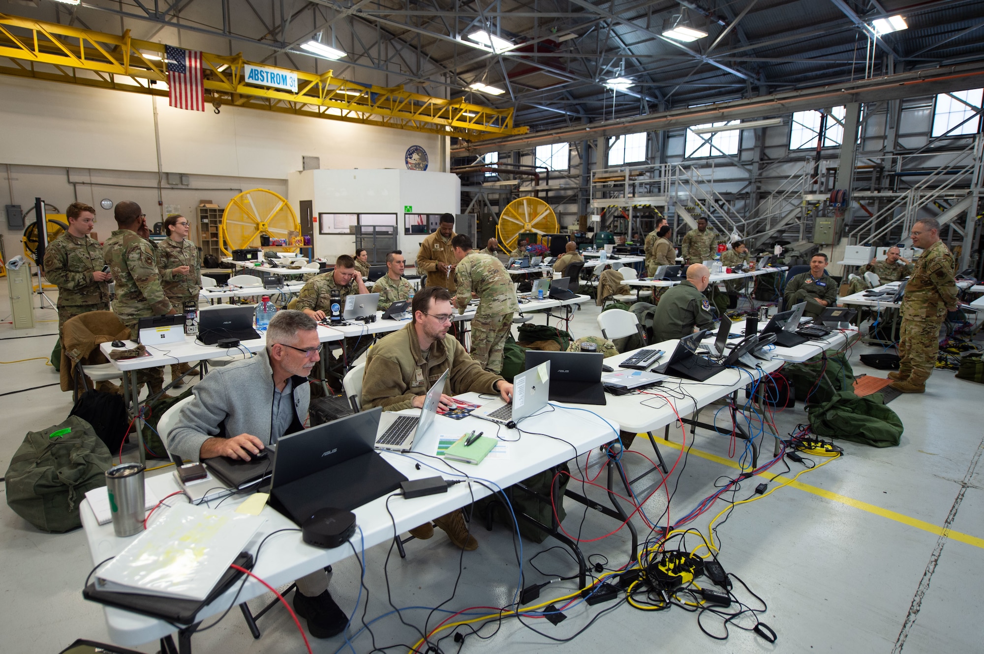 U.S. Air Force Airmen assigned to the 23rd Wing manage activities for exercise Mosaic Tiger 24-1 at the Wing Operations Center at Moody Air Force Base, Georgia, Nov. 15, 2023. The WOC acted as the central hub for command and control for participants of the readiness exercise. (U.S. Air Force photo by Airman Cade Ellis)