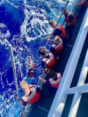 The USCGC Myrtle Hazard (WPC 1139) conduct training off Saipan on Oct. 21, 2023. The crew completed a multifaceted patrol from Oct. 16 to Nov. 5, 2023, underscoring the U.S. Coast Guard's unwavering commitment to the community and partners in the Commonwealth of the Northern Mariana Islands (CNMI). During this period, the cutter's crew achieved several key objectives, including delivering vital donations and supplies and facilitating critical wellness checks in the wake of Typhoon Bolaven. (U.S. Coast Guard photo)



WPC 1139, CNMI, Forces Micronesia, Community