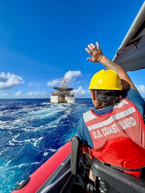 The USCGC Myrtle Hazard (WPC 1139) delivers the mayor of the Northern Mariana Islands and staff to Agrihan Island on Oct. 22, 2023. The crew completed a multifaceted patrol from Oct. 16 to Nov. 5, 2023, underscoring the U.S. Coast Guard's unwavering commitment to the community and partners in the Commonwealth of the Northern Mariana Islands (CNMI). During this period, the cutter's crew achieved several key objectives, including delivering vital donations and supplies and facilitating critical wellness checks in the wake of Typhoon Bolaven. (U.S. Coast Guard photo)